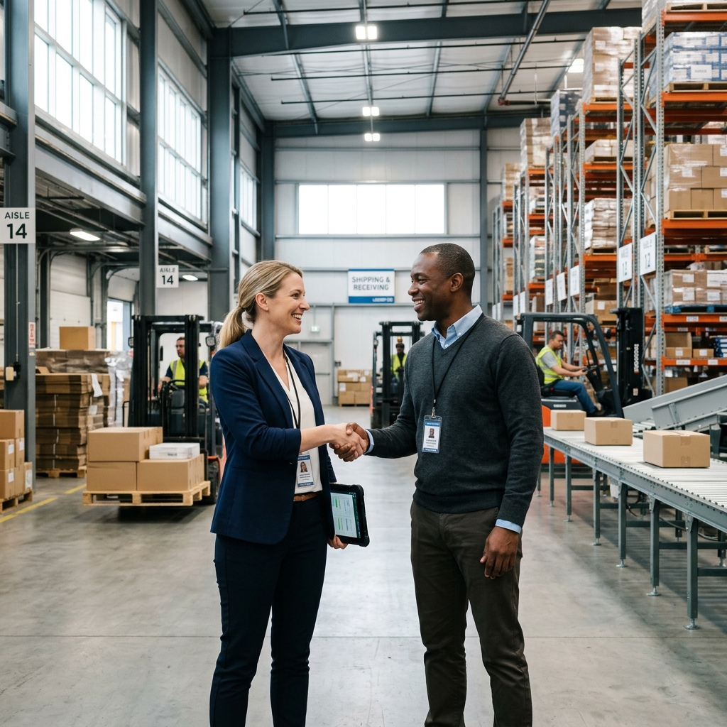 Warehouse colleagues shaking hands